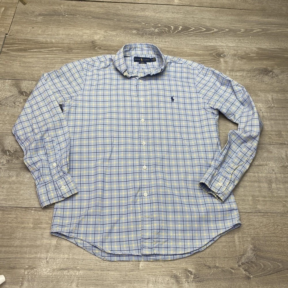 Ralph Lauren Shirt Mens Medium Blue Yellow Plaid Slim Fit Cotton Button Down‎